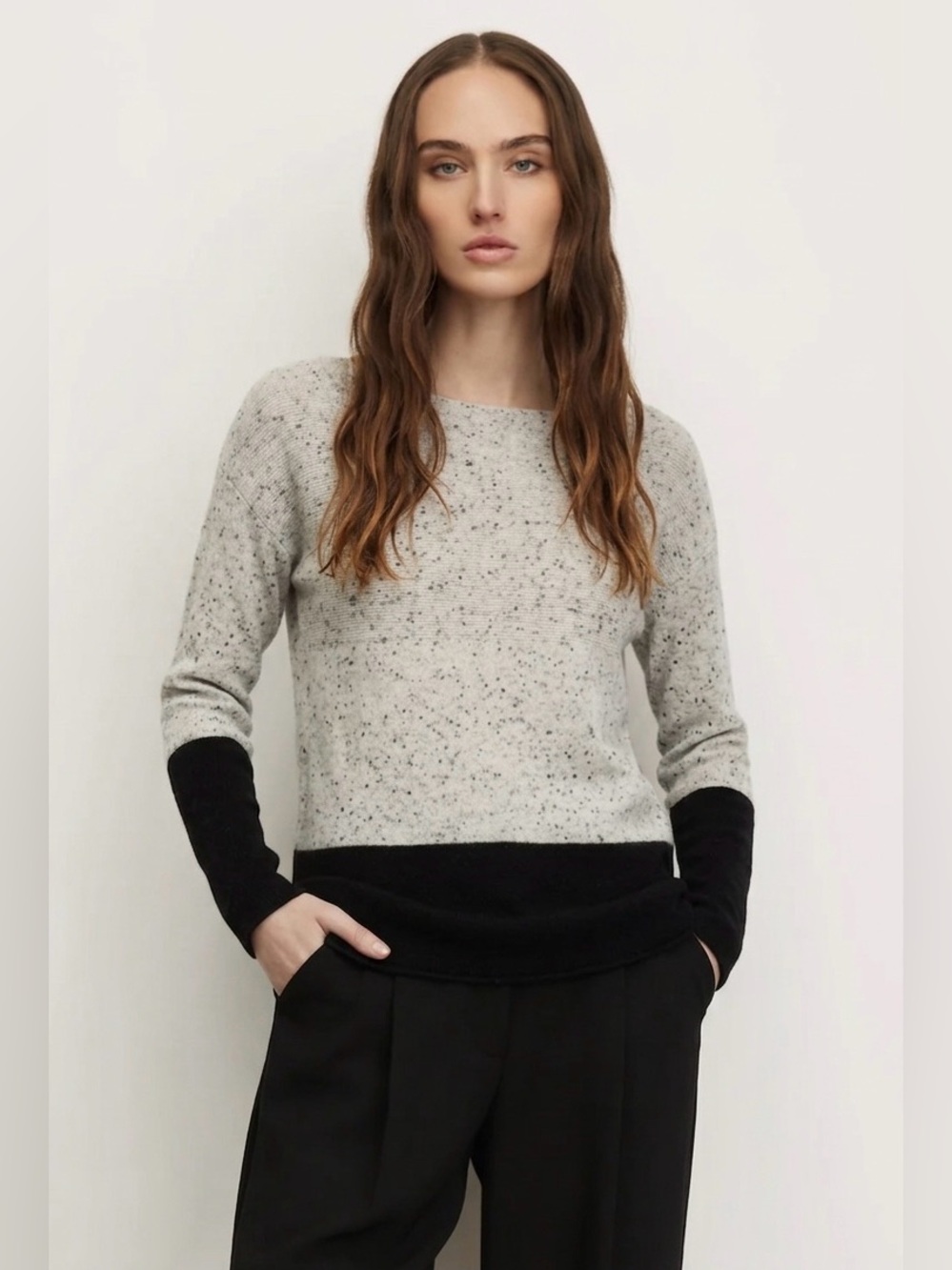Kier + J 100% Cream Cashmere Textured Boatneck ColorBlock Sweater Size XS Preppy